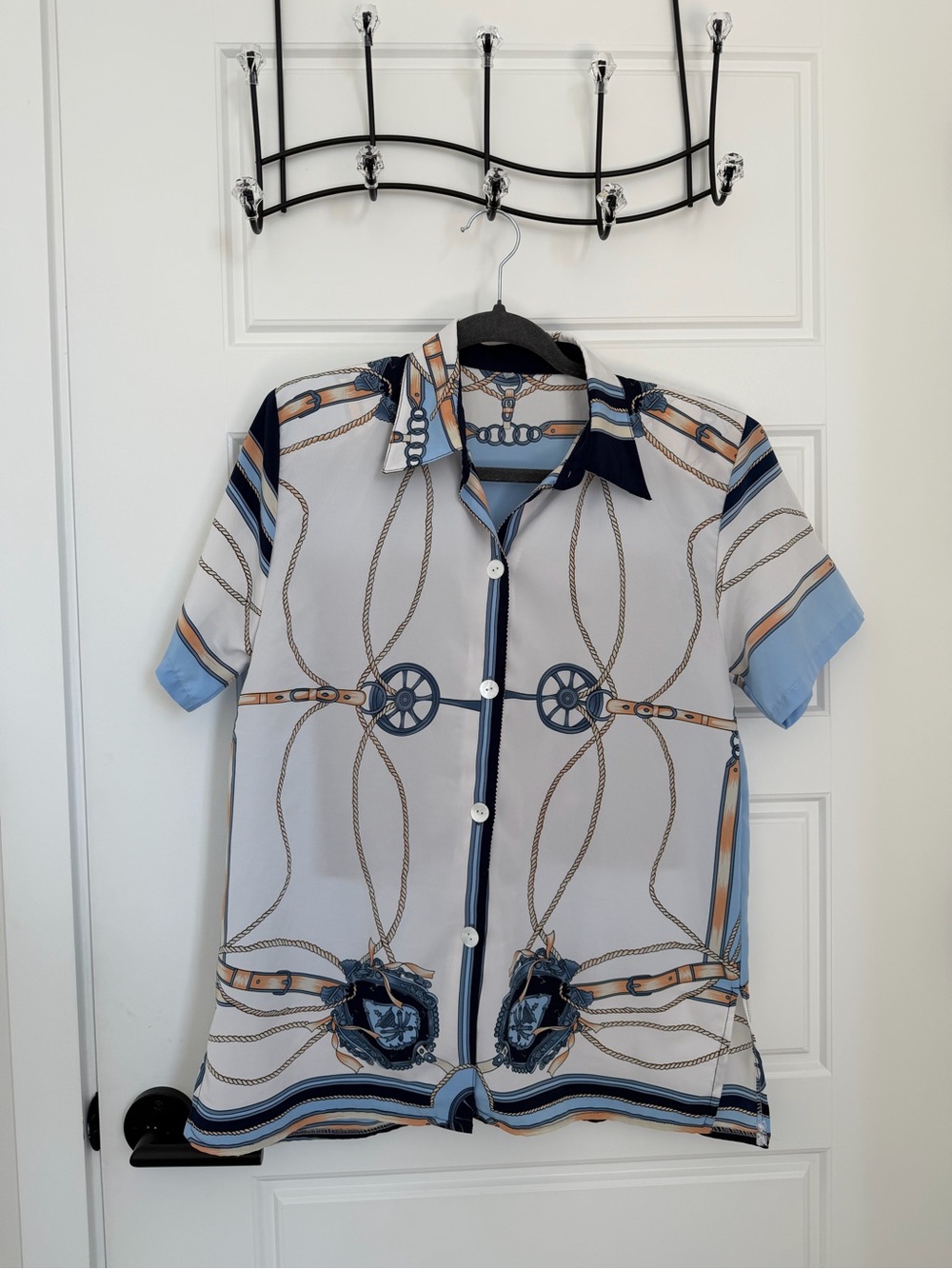Unisex Short-Sleeve Nautical Print Shirt (shoulder pads)- Blue/Tan